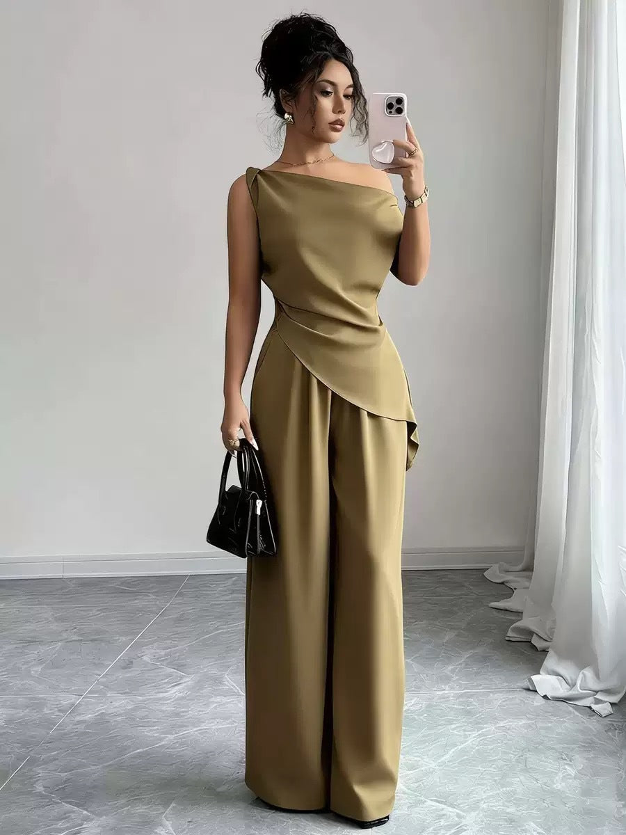 Solid-color Wide-leg Pants Suit For Women