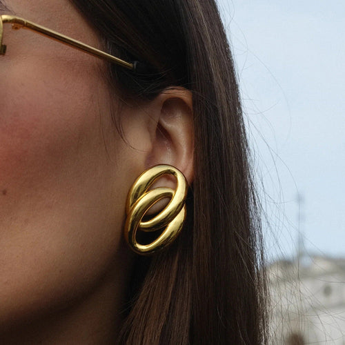 18K Gold Double-ring Oval Earrings