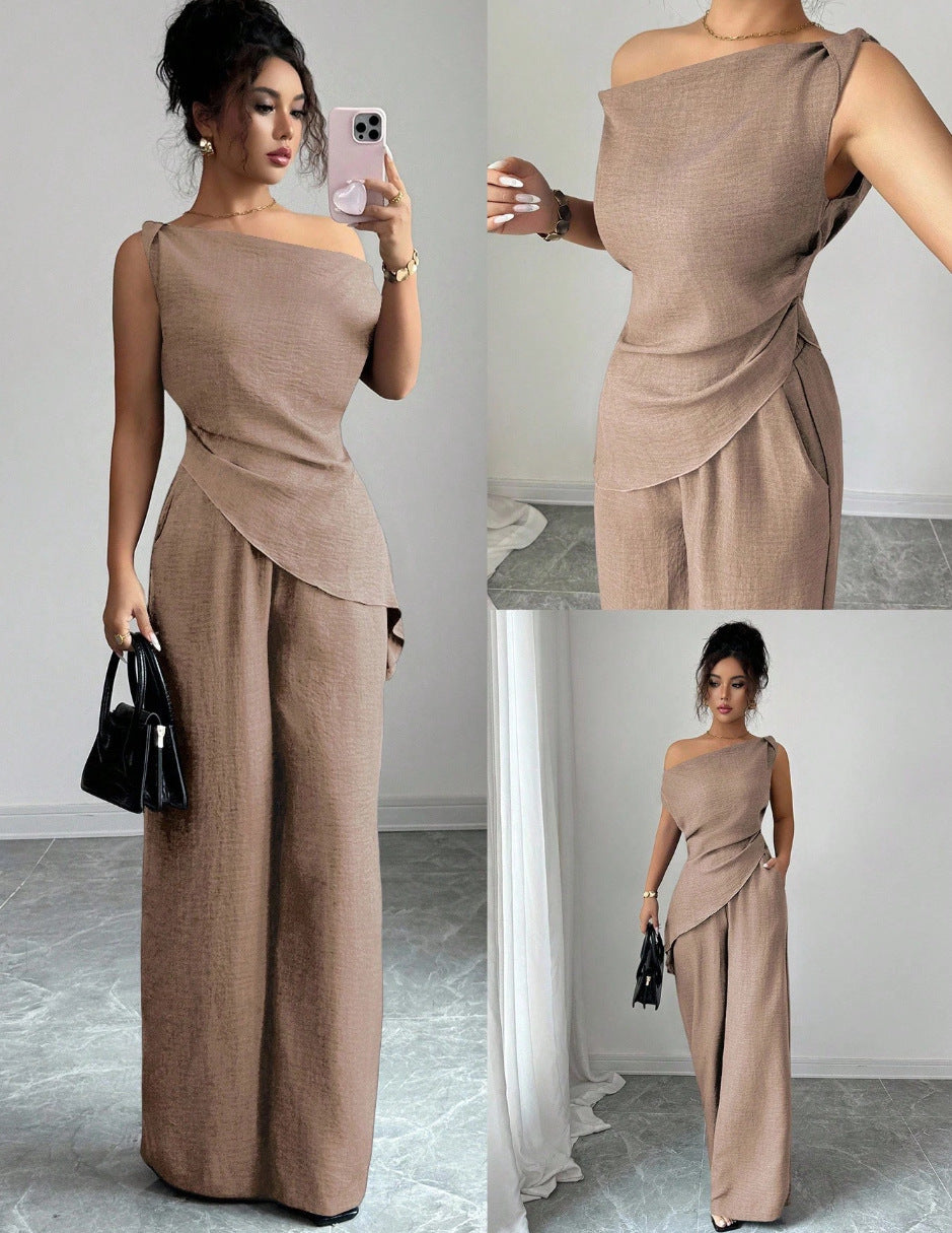 Solid-color Wide-leg Pants Suit For Women