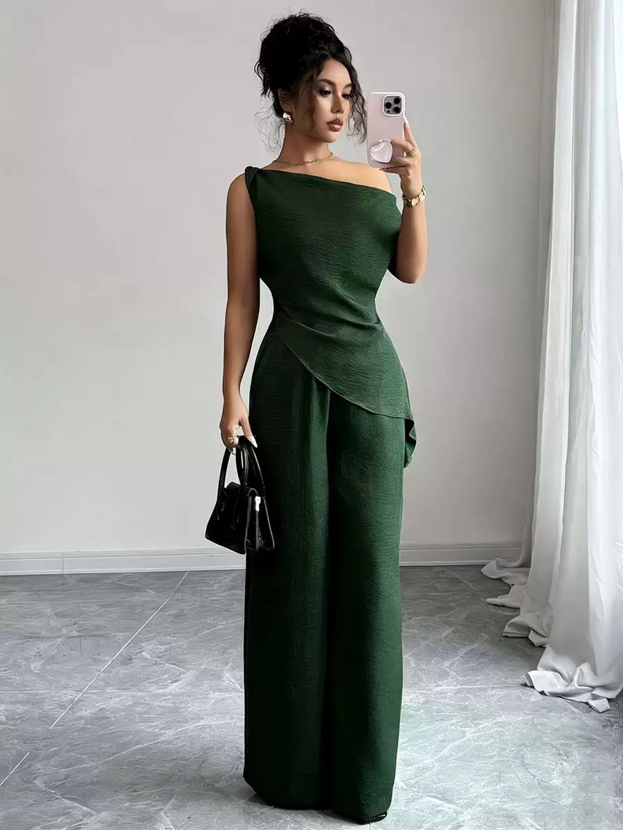 Solid-color Wide-leg Pants Suit For Women