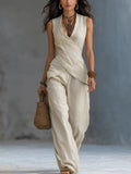 Cross-design Top Casual Shirt Wide-leg Pants Set For Women