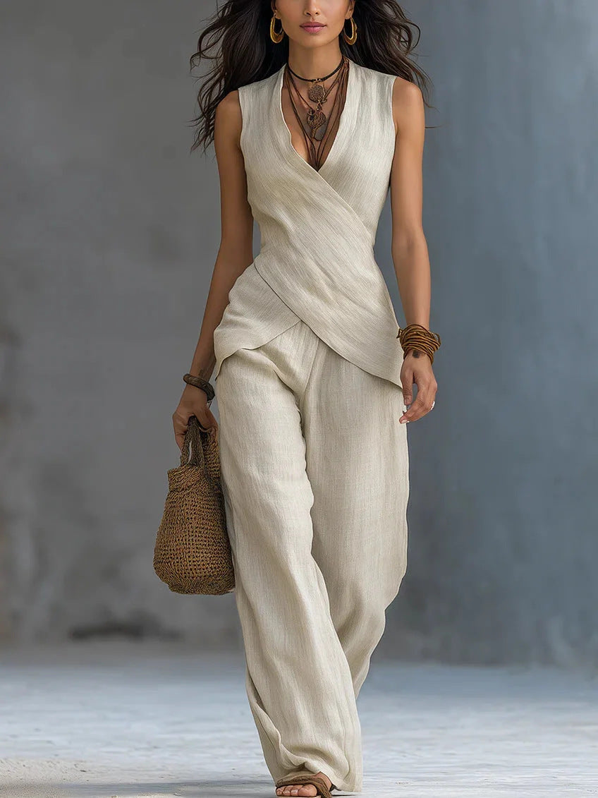 Cross-design Top Casual Shirt Wide-leg Pants Set For Women