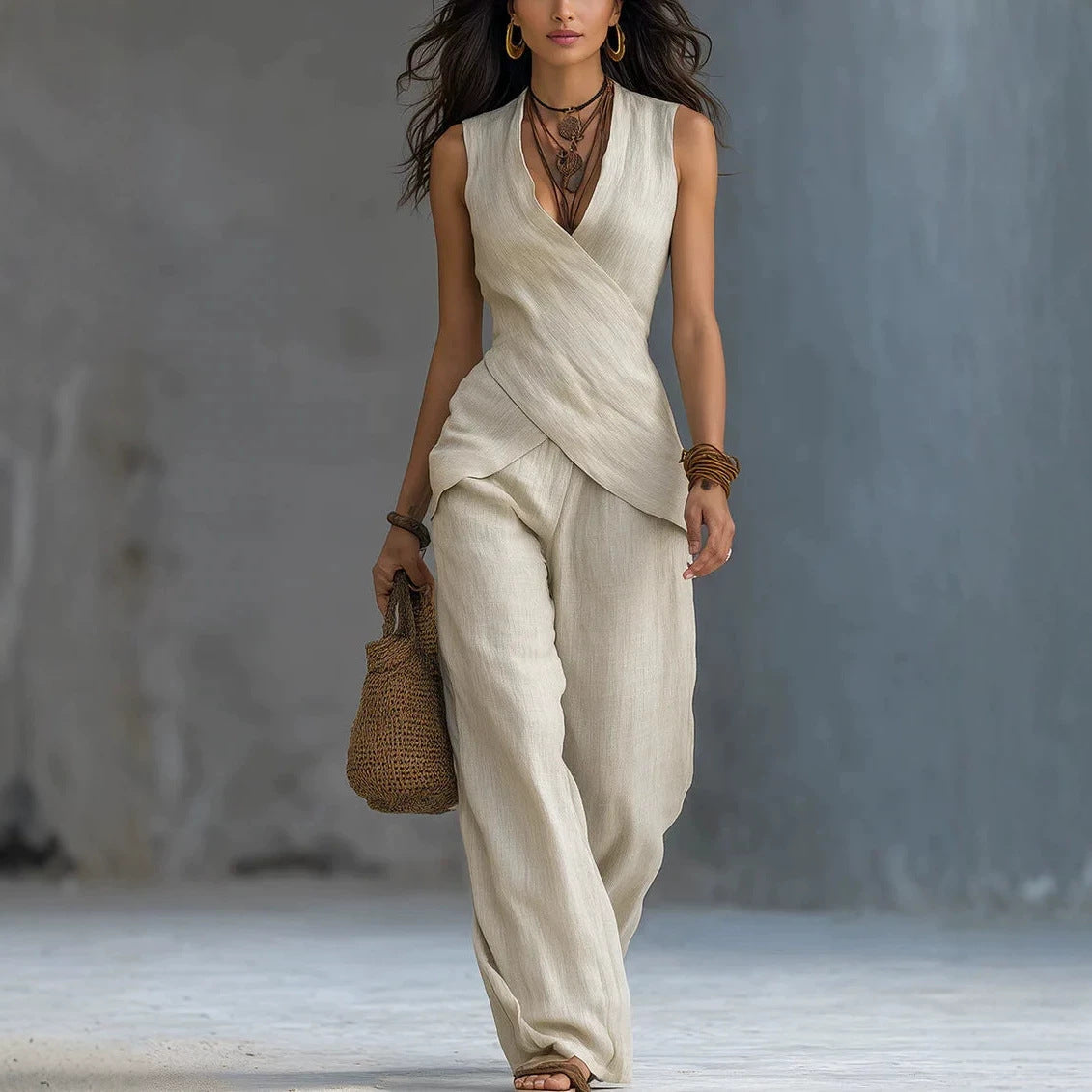 Cross-design Top Casual Shirt Wide-leg Pants Set For Women