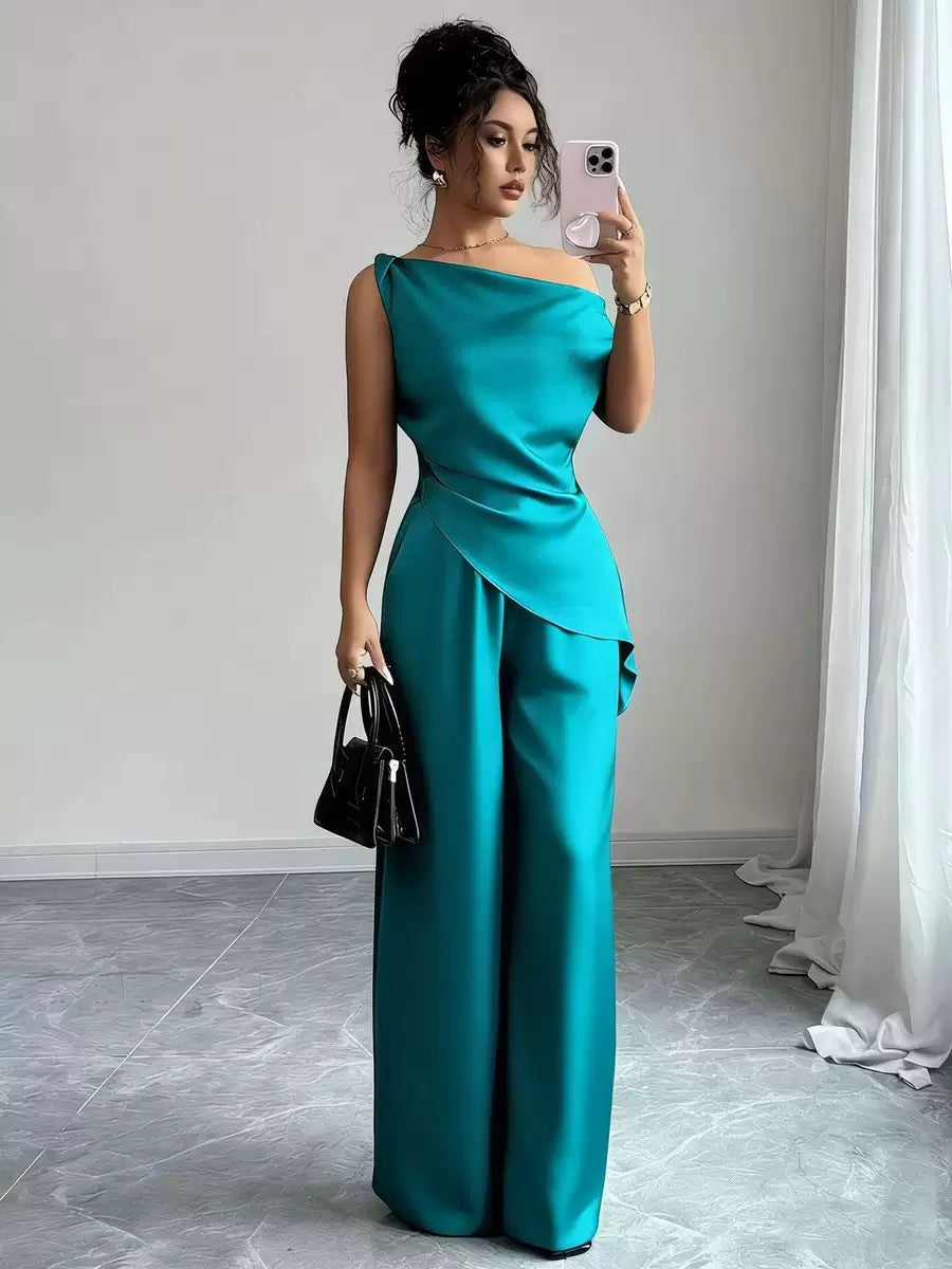 Solid-color Wide-leg Pants Suit For Women