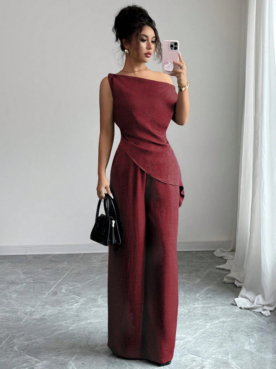 Solid-color Wide-leg Pants Suit For Women