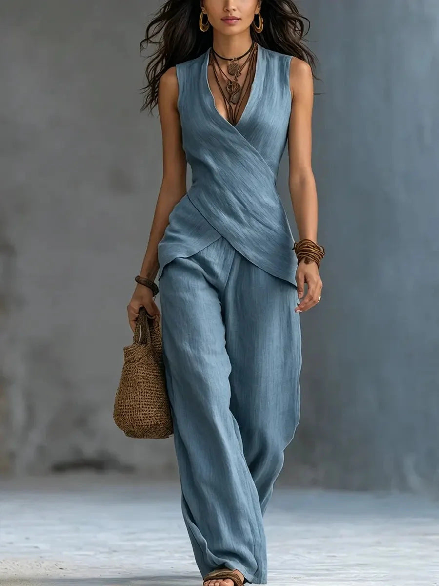 Cross-design Top Casual Shirt Wide-leg Pants Set For Women