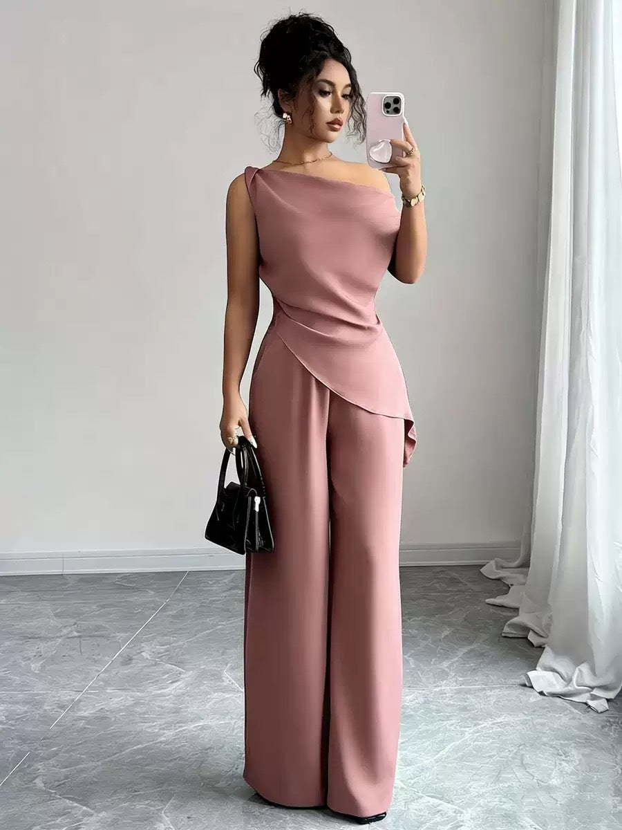 Solid-color Wide-leg Pants Suit For Women