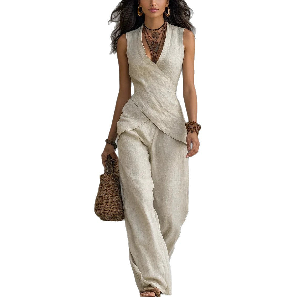 Cross-design Top Casual Shirt Wide-leg Pants Set For Women