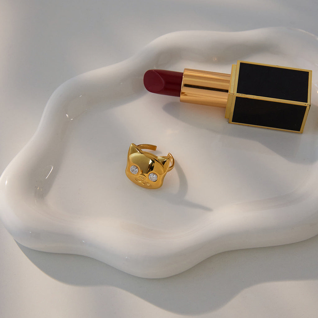 Cat-themed Titanium Steel Zircon Ring Light Luxury With A High-end Feel