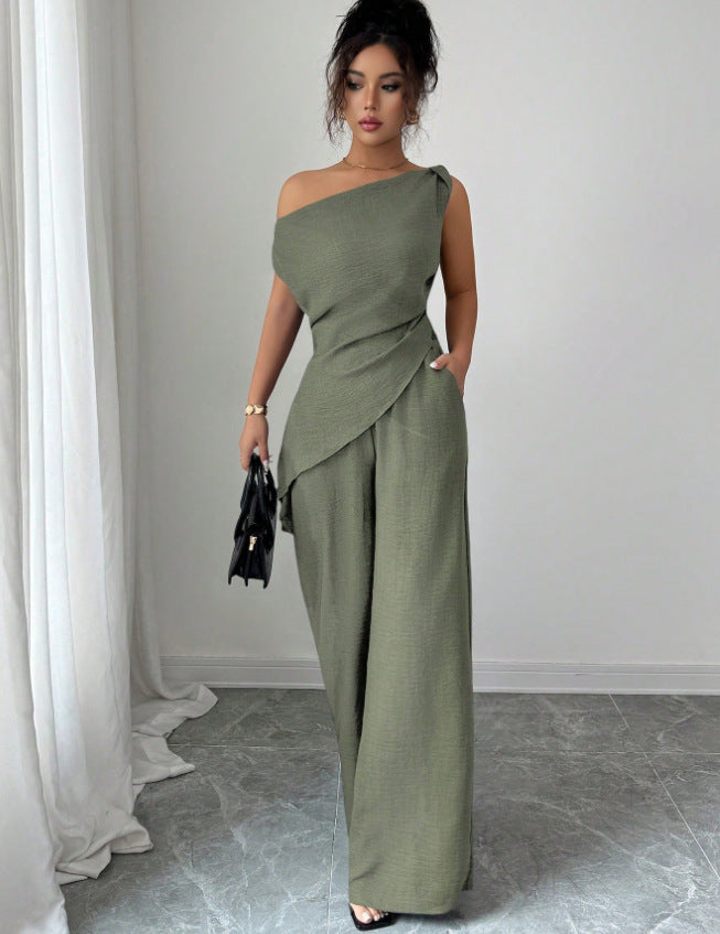 Solid-color Wide-leg Pants Suit For Women