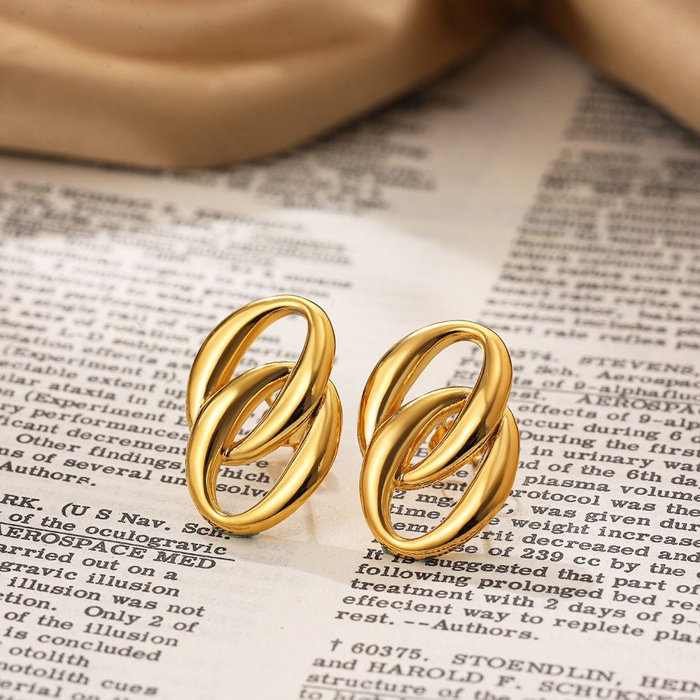 18K Gold Double-ring Oval Earrings