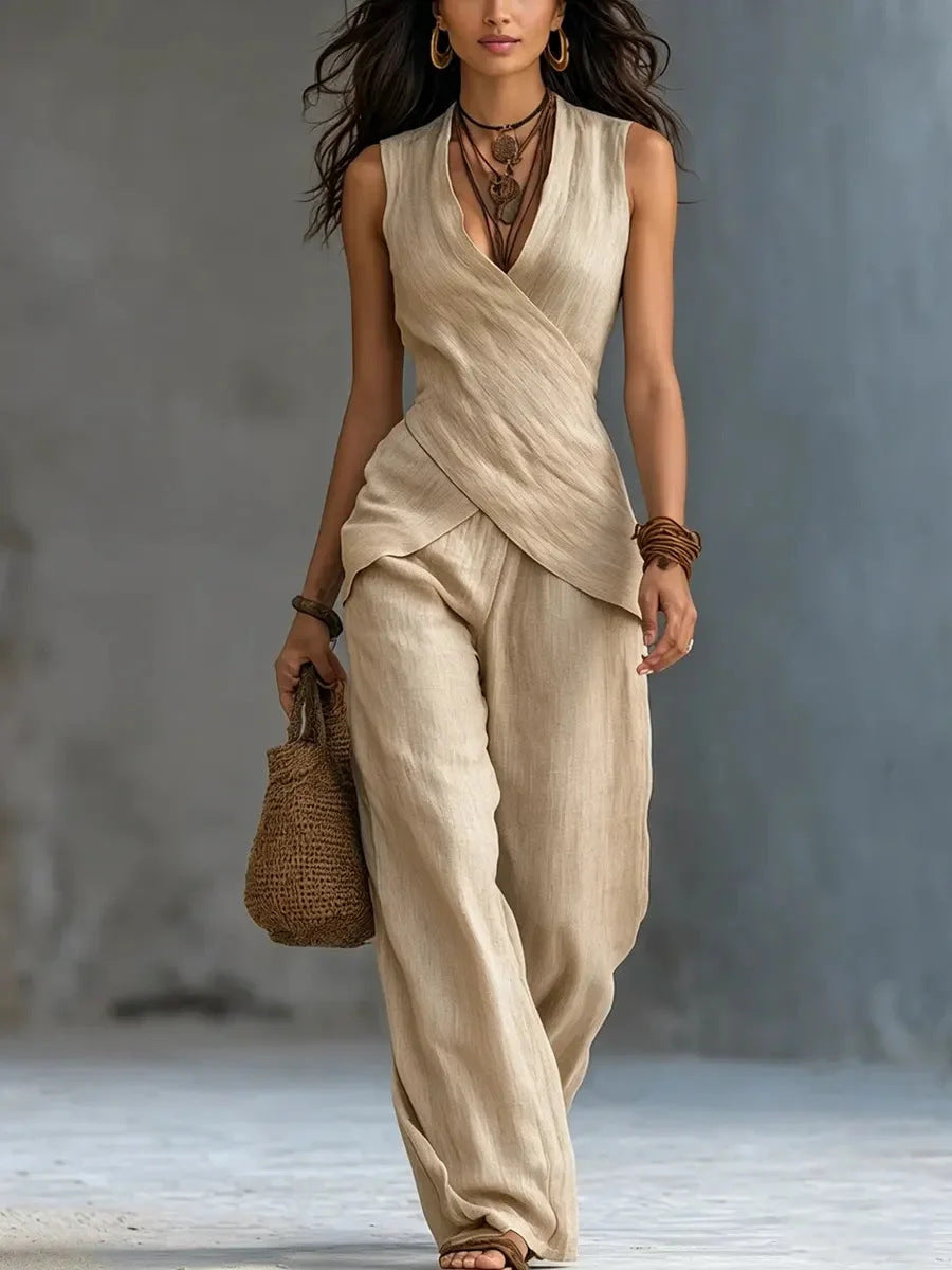 Cross-design Top Casual Shirt Wide-leg Pants Set For Women