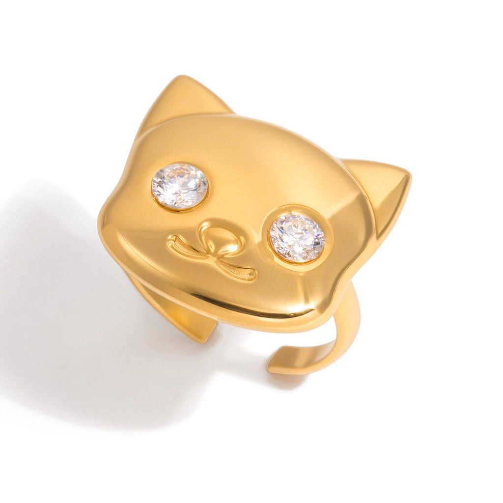 Cat-themed Titanium Steel Zircon Ring Light Luxury With A High-end Feel