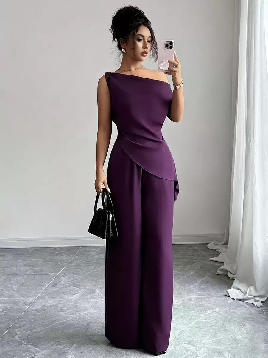 Solid-color Wide-leg Pants Suit For Women