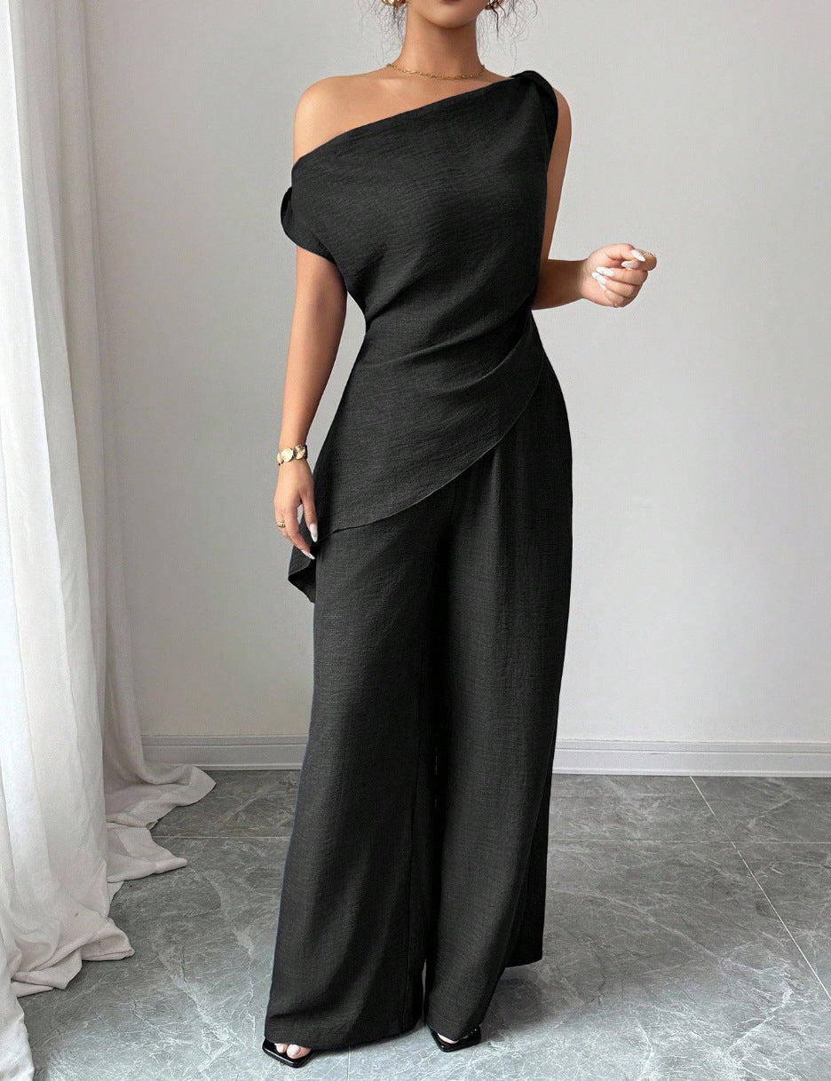 Solid-color Wide-leg Pants Suit For Women